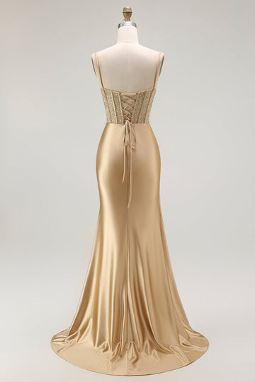Sparkly Golden Mermaid Ruched Corset Long Formal Dress with Slit